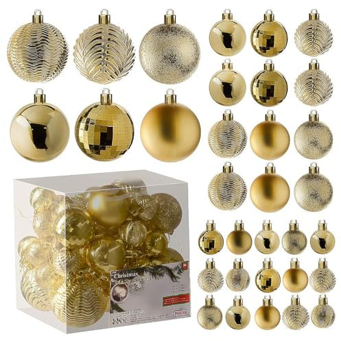 Prextex 36pc Shatterproof Christmas Ornaments Set - Gold Christmas Tree Decorations in 3 Sizes and 6 Styles - Hanging Balls with Loops in Matte, Shiny, and Glitter Finishes for Indoor-Outdoor Display
