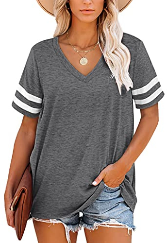 MOLERANI T-Shirts d'été pour Femmes à Manches rayées et col en V（Gris，XL）