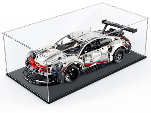Nynelly Vitrine en acrylique transparent pour voiture moulée sous pression à l'échelle 1/8 1/10, Lego 42083/42096/42125/42143, figurine, objet de collection, comptoir anti-poussière avec base (noir)