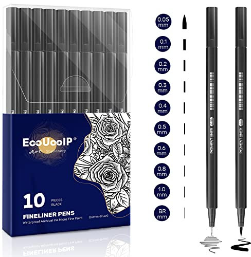EooUooIP® Set di 10 Penne Disegno Professionale - Calligrafia, Pennarelli, Pigment Liner Micro per Disegnare, Scrivere, Schizzi - Kit Disegno Manga Nero