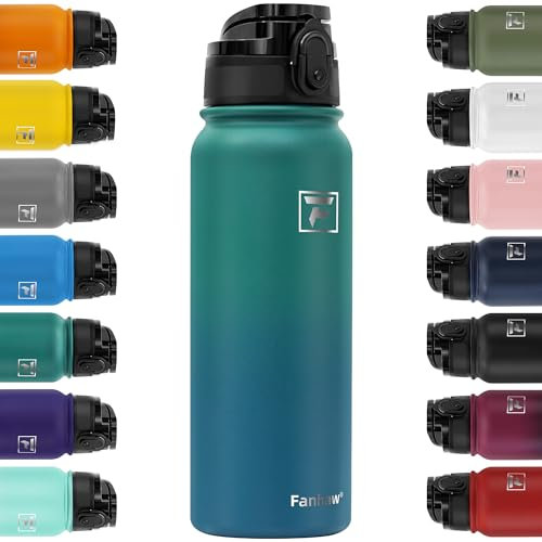 Fanhaw 600ml Trinkflasche Edelstahl mit 1 Deckel (Chug Deckel) - Für Schule, Kinder, Frauen, Männer | Auslaufsicher & Schweißfest mit Anti-Staub Deckel (Grün Blau)
