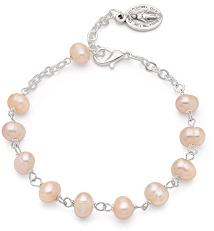 Mondo Cattolico - Rosario Bracciale Religioso con Perle in Legno di Ulivo, Vetro Veneziano o Madreperla - Spirito Santo e Vergine Miracolosa (Perle di Acqua dolce - Vergine Miracolosa)
