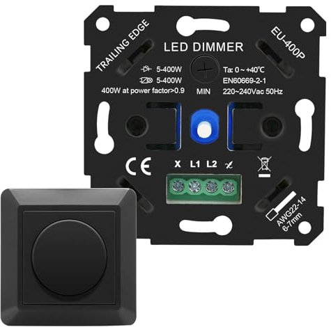 VIPMOON 5W-400W Variateur de lumiere led, 220-240V Interrupteur Variateur d'intensité LED Noir Pour dimmable Led Lampes à Incandescence/Halogène