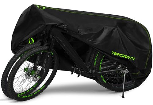 Topcrown Bike Cover Waterproof Outdoor Storage for 2 Bikes, Bicycle Cover Rain Sun UV Dust Wind Proof with Storage Bag for Mountain Road Bike/Ebike (210D Black+Green, XXL Size for 2 bikes)