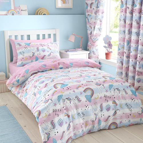 Portfolio Home Girls Kids Dreamy Unicorns Rainbows Multi Single Soft Easy Care Bed Linen Bedding Duvet Cover Quilt Set With Pillow Case