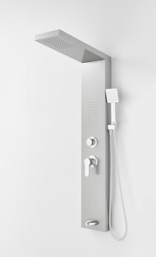 ROVOGO Colonne Panneau de Douche Hydromassante avec Robinetterie Mitigeur pour Baignoire, 4 Modes - Douche de Pluie, Jets de Massage, Douchette et Bec de Baignoire, Brossée Acier Inox, Montage Mural