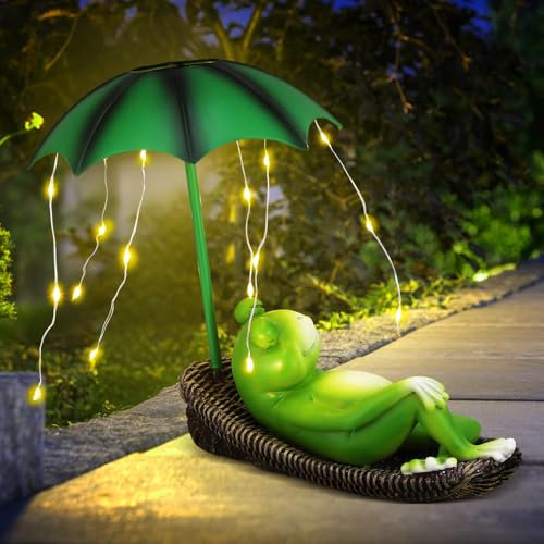 Solar Frog Statues Garden Decor,Solar Lights Garden Ornament Outdoor,Frog Lying Down and Sleeping with Umbrella LED Light,Waterproof Resin Frogs for Patio Balcony Yard,Garden Gifts for Women(Style 2)