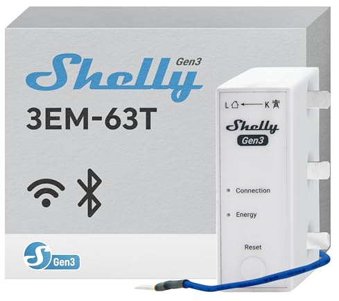 Shelly 3EM-63T Gen3 - Compteur électrique monophasé/triphasé (63 A) Wi-Fi, montage sur Rail DIN, Impulsion optique, App et Données historiques, Mesure énergie photovoltaïque