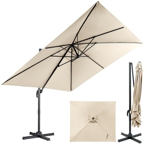 SFAREST 3M Cantilever Parasol, 3 Positions Adjustable Sun Shade Parasol with Crank Handle, Cross Base & 360°Rotation, Outdoor Heavy Duty Overhanging Umbrella for Backyard Poolside Lawn (Beige)