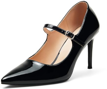 GENSHUO Mary Jane pumps dam 8 cm stilettklack spets tår lackläder elegant bekväm för kontor fest vintage design, svart, 41 EU