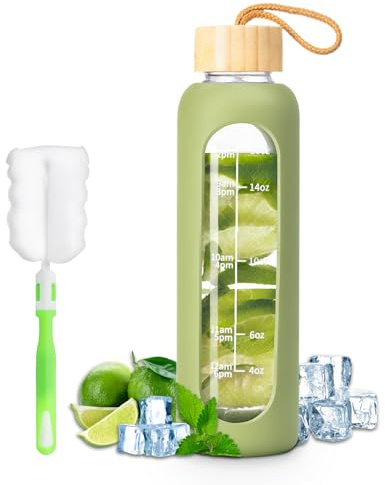 FrutPunch Glass Water Bottle, 500ml Water Bottle with Time Markings, Leakproof Glass Water Bottle with Silicone Sleeves, Suitable for Offices and Gyms, Green