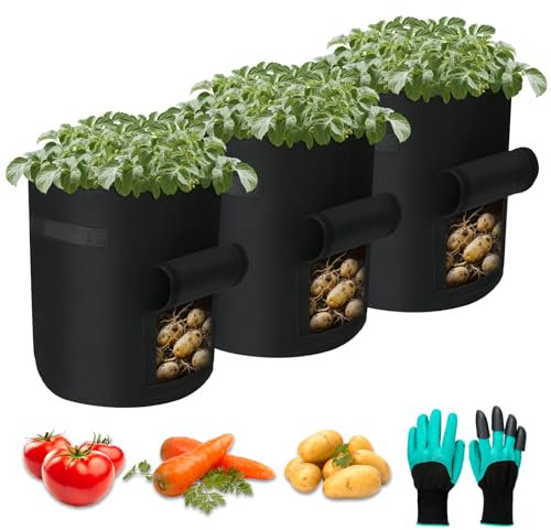 Helterfolg Sac de Culture de Pommes de Terre, Sac de Plantation avec Poignées Sangle et Rabat d’Accès, Sacs à Plantes avec Gants de Jardin pour Pommes Terre et Autres Légumes (3 Sacs,7 Gallon)
