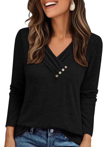 Cuptacc Pull Femme Estivales Léger Casual Manche Longue Tee Shirt Femme Soft Confort avec Bouton Décoratif Couleur Unie Coton Oversized Haut Noir XXL
