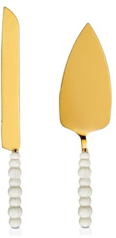 VEOOK Wedding Cake Knife and Server Set with Pearl Handle - Stainless Steel Pie Cutter, Elegant Ceramic Gift for Bride Engagement, Bridal Shower, Couples Wedding(CK-01)