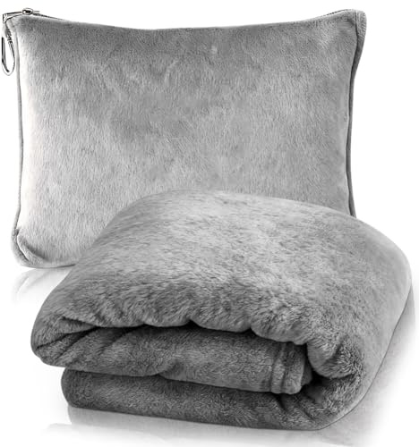 Suave y cálida manta de viaje para avión y coche, 2 en 1 manta de viaje y almohada con clip para mochila, manta de avión, manta de almohada, almohada compacta para avión, coche, oficina