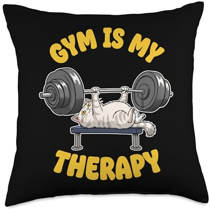 Gym is My Therapy Funny Cat Press Weightlifting Throw Pillow