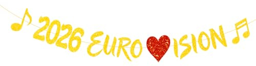 Eurovision 2026 partydekorationer flagga banderoll, guld glittrande 2026 Eurovision Banner, Wien-firande tema för bar, klubb, trädgård, inomhus och utomhusfest