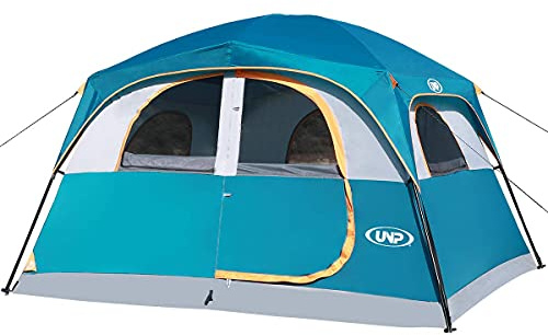 UNP Tents for Camping 6 Person Waterproof Windproof Easy Setup,Double Layer Cabin Tents with 1 Mesh Door & 5 Large Mesh Windows -10'X9'X78in(H) Blue
