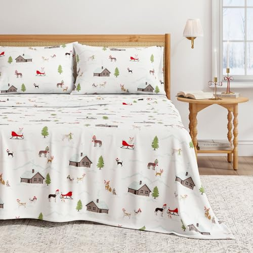 Great Bay Home 100% algodón Turco Juego de Ropa de Cama de Franela, Bolsillo Profundo, sábanas de Navidad Suaves, cálidas, antipilling (Reina, Cachorros de Invierno)