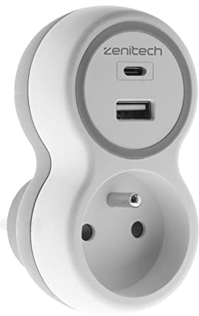 Zenitech - Prise 16A + 2 ports USB A/C - Blanc et Gris - Bolea