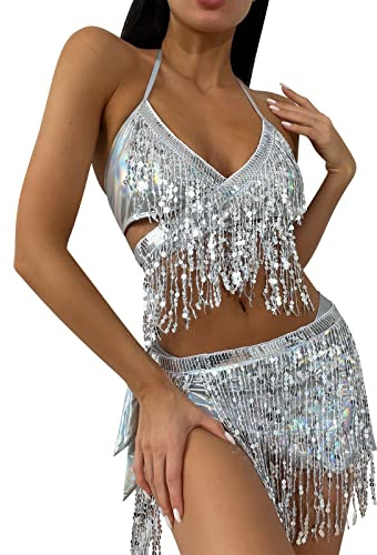 Ensemble de 3 pièces pour femme,Haut court à paillettes argentées,Jupe brillante,Bikini à franges,Pour festival de musique, danse, club, nuit, Halloween, carnaval, fête, Hauts + bas + pompon, 40