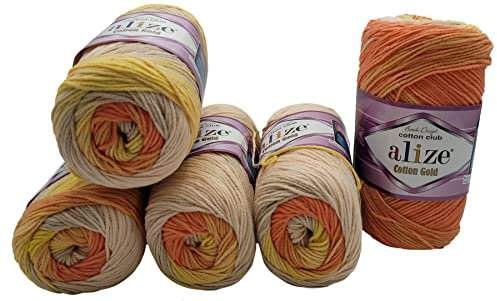 5 x 100g Strickwolle Ilkadim Export Cotton Gold Batik mit 55% Baumwolle, 500 Gramm Wolle mit Farbverlauf mehrfarbig (lachs ocker orange 7687)