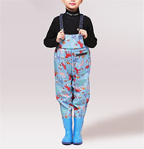 HWBZSZY Kinder Overall Wasserdicht Waten Hosen mit Verstellbarer Schultergurt, Outdoor rutschfest Gummi Regen Schuhe Leichte Wasserdicht Nylon/PVC Jugend Anglerhose Jagdstiefel,Blau,33 EU