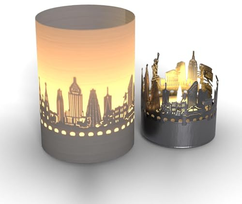 New York Skyline Tube T-Light Skuggspel: Charmig motivljus projicerar fascinerande ljusspel från den berömda NYC silhuetten – fantastisk souvenir för alla New York !