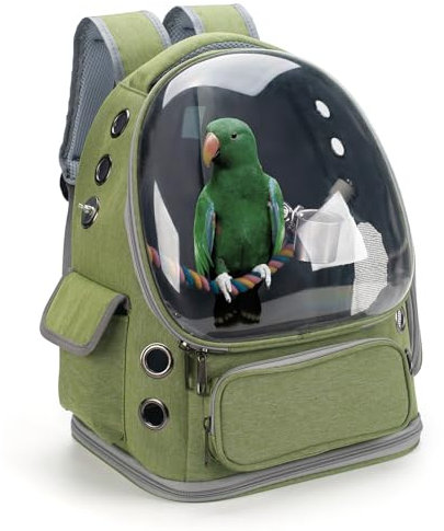 Kreachur Vogel-Rucksack-Tragetasche mit Sitzstange, Tablett und atmungsaktivem, transparentem Fenster, Vogelreisekäfig für Nymphensittiche, Kaique, Quaker, für Vetting Camping, Wandern (grün)
