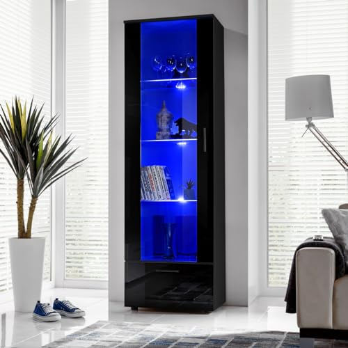 Komodee, Vitrine Schrank Alessandria, Schwarz/Schwarz, Breite 60cm x Höhe 192cm x Tiefe 42cm, LED Blau, 3 Glasböden, 1 Regal aus laminierter Platte, für Wohnzimmer, Schlafzimmer