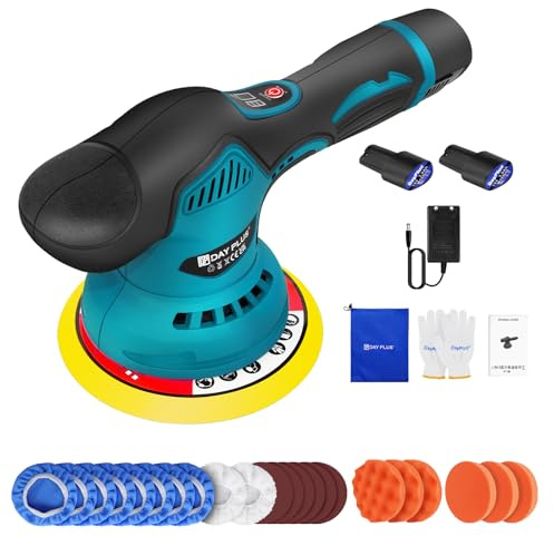 Mini pulidora para coche, 8 velocidades variables, cuerpo de pulido de 125 – 150 mm, pulidora excéntrica con 2 baterías de 2,0 Ah, 21 piezas de accesorio de pulido