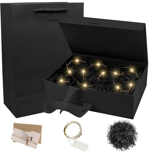 Geschenkbox mit Deckel, Faltbare Geschenkbox Hochzeit, 23 X 17 X 7 cm Magnetbox mit Schleife LED-Leuchten Grußkarten Geschenktüten für Weihnachten Geschenkverpackung Geburtstag Jubiläum-Geschenk Box