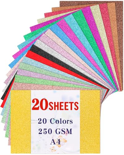 Caianwin 20 Blatt Bunt Glitzerpapier 20 Farben Glitzerpapier zum Basteln Bastelpapier Glitzer für DIY, Greeting Cards and Birthday Parties