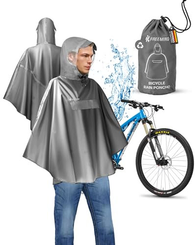 freemind® Regenponcho Fahrrad - Poncho Damen & Herren - aus recycelten Materialien - Fahrradponcho wasserdicht, winddicht, atmungsaktiv - Unisex Regencape mit Reflektor - grau, Größe M