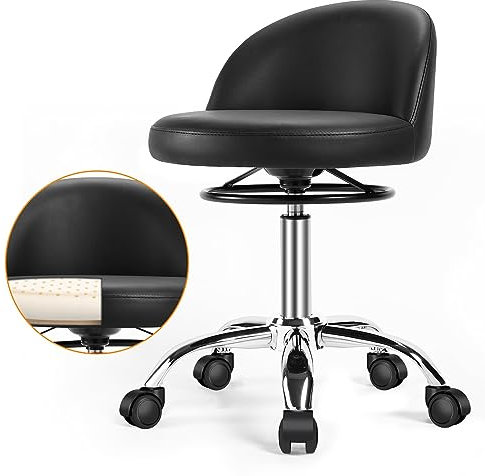 OUTMASTER Rollhocker, Hocker mit Lehne und Rollen, Höhenverstellbar 360°, PU-Leder, Schwarz, Modern, Industriell, Für Büro, Zuhause, Salon