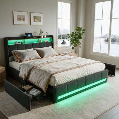 DADEA Säng Med 4 Förvaringslådor, LED-Belysning, USB-Kontakt, 140 x 200 cm, Dubbelsäng För 2 Personer (2USB Grå)