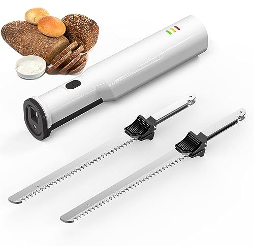 Cuchillo eléctrico inalámbrico para trinchar carne, corta sin esfuerzo con precisión, 2 hojas dentadas de 8 hojas de acero inoxidable, bloqueo de seguridad, ideal para carnes, aves y pan. La mejor o