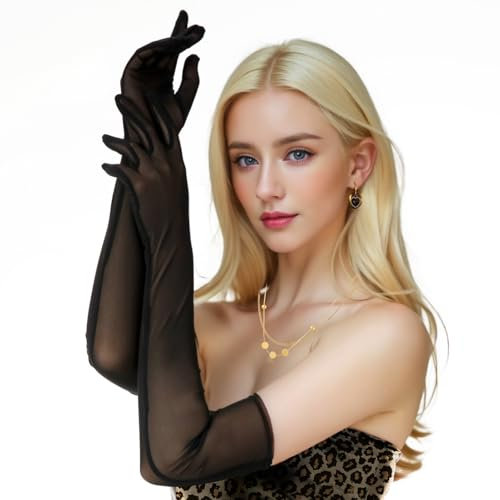 THKO Spitzenhandschuhe Schwarz, Lange Handschuhe Damen Elegant Dünne Spitze Handschuhe für Frauen Sexy Schwarze Spitzenhandschuhe für Partys Hochzeiten Abendmode Verführerische Accessoires