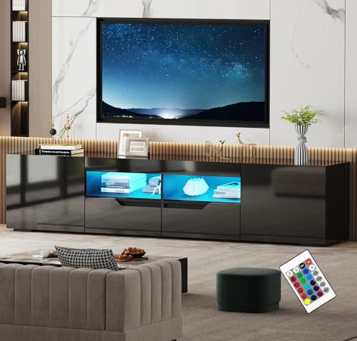 High Gloss 200CM TV Cabinet with 16 LED Lights – Modern TV Stand Unit up to 65–85 Inch TVs, Handleless TV Stand Cabinet with 2 Storage Drawers & Cupboards for Living Room, Entertainment Unit (Black)