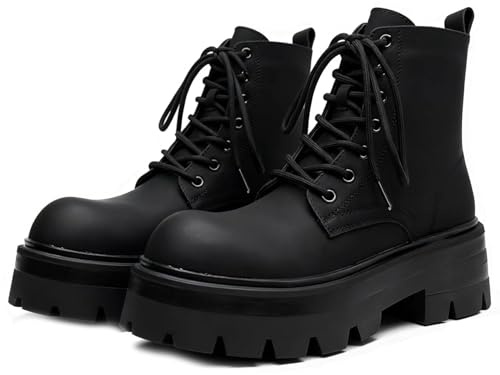 CrazySavage Men's Black Leather Lace-up Platform Combat Boots Wide Toe Side Zipper Chunky Heel Lug Sole Ankle Booties Comfort High Top Waterproof Biker Boots (Black Plus Velvet,6)