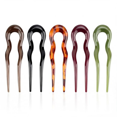 5 Pcs French Hair Pins for Women, U Shaped French Twist Hair PinsHair Forks, 2 Prong Twist Hairpins for Buns Chignon Clip Sticks, Women Girls Classic Variety Hairstyle(5 Colors)