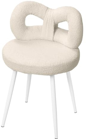 Vanity Stool With Bow Backrest – Faux Wool Upholstered Armless Accent Stool, Heavy Duty Carbon Steel Frame, Thick Sponge Cushion, Non-Slip Pads, Modern Simple Style For Bedroom, Living Room White