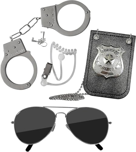 Skeleteen Police Detective Accessories Set - Kids Pretend Play Special Agent Officer Spy Costumes with Sunglasses, Ear Piece, Badge, and Handcuffs