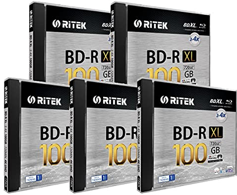 5 Pack Ritek BD-R XL BDXL 100GB Archival Grade Triple Layers 4X White Inkjet Hub Printable Blank Disc w/Standard Jewel Case