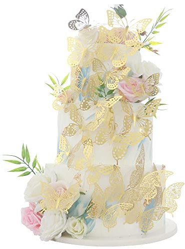 36 Pack Gold Glitter 3D Butterfly Cupcake Toppers Hollow Butterfly Cake Decorations for Birthday Wedding Fairy Party Butterfly Wall Sticker Decal for Background Wall Decoration