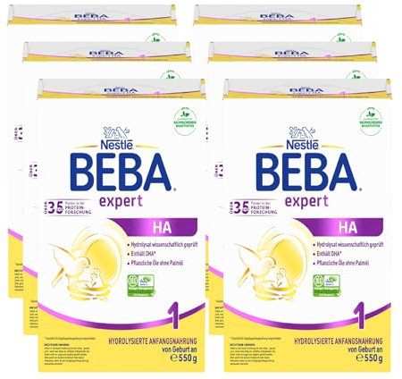 BEBA expert HA 1 - Hydrolysierte Anfangsnahrung, Anfangsmilch von Geburt an, Patentiertes Produkt, Ohne Palmöl, Ohne Fischöl, Babynahrung, Baby-Milchpulver, 6er Pack (6 x 550g)