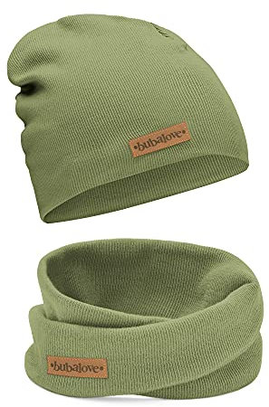 Bubalove Mützen und Schals für Jungen, Mädchen, Babys, Größen 1 Jahr bis 8 Jahre+ viele Farben, Baumwolle Kinderset Mütze und Schornstein, Baumwollmützen, (Oliv, 1-3 Jahre (42-48 cm))
