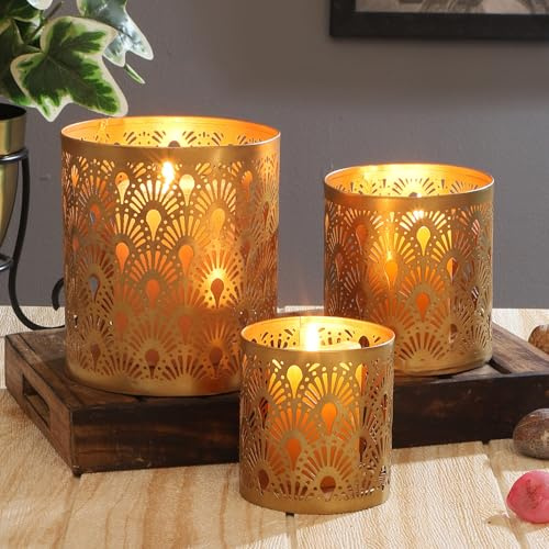 3er Set Orientalisches Teelichthalter Zalia modern Metall, Gold 14 cm