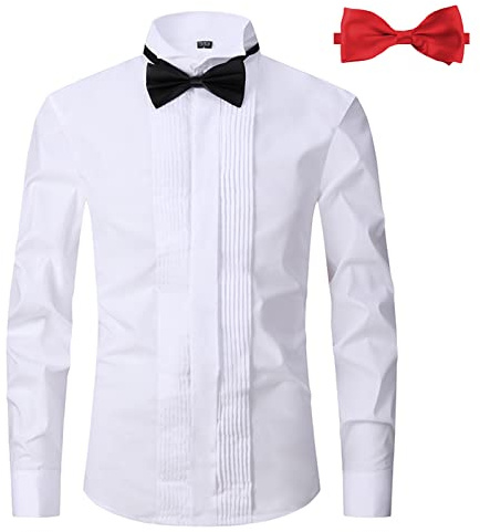 ATOFY Men's Tuxedo Dress Shirt Wing Collar Front Pleat French Cuffs with Cufflinks and 2 Bow Ties Slim Fit Button Down Shirts(White, M)