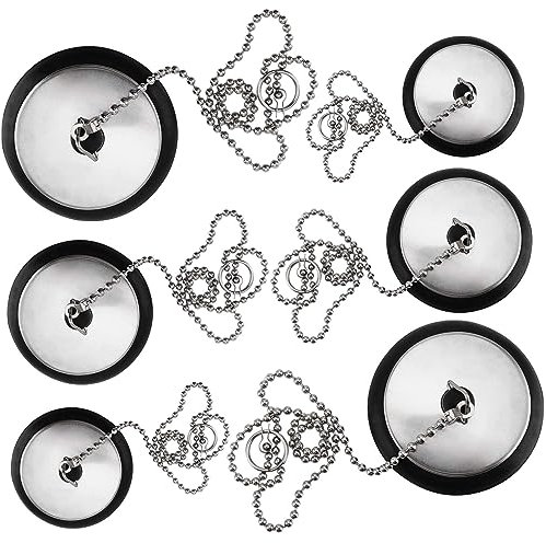 HEIHAK Lot de 6 bouchons de baignoire universels en caoutchouc avec chaîne à billes en métal pour cuisine, salle de bain, baignoire, buanderie - 40 mm/43 mm/50 mm - Noir
